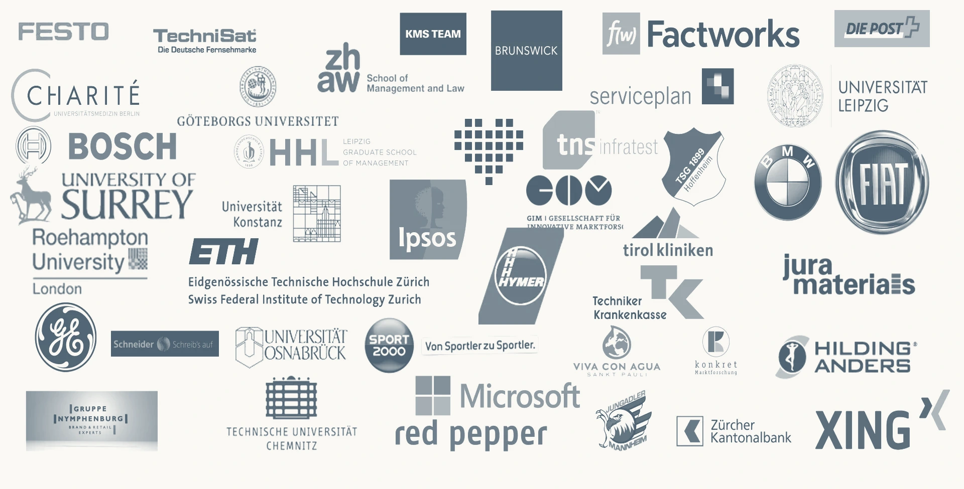 Monochrome Original-Logocollage früherer Kunden, Projektpartner und wissenschaftlicher Einrichtungen
